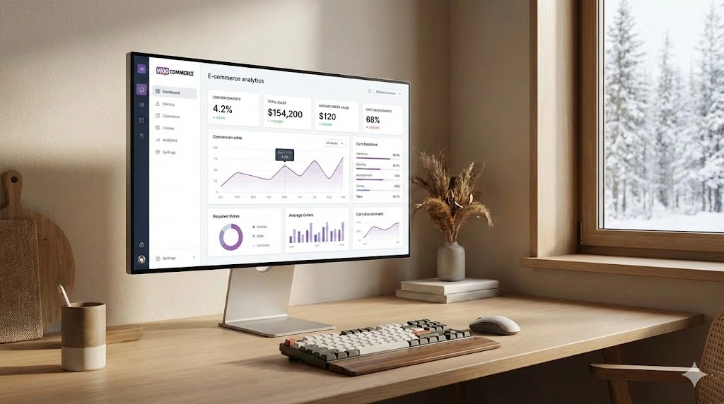 höja konverteringen i woocommerce datorskärm som visar en woocommerce webbshop