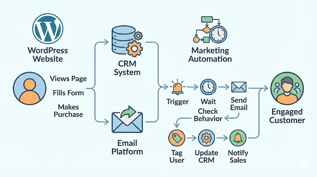 WordPress och CRM: Så bygger du en hel kundresa med automationsflöden 2026 1 WordPress och CRM illustration visar e-postflöde