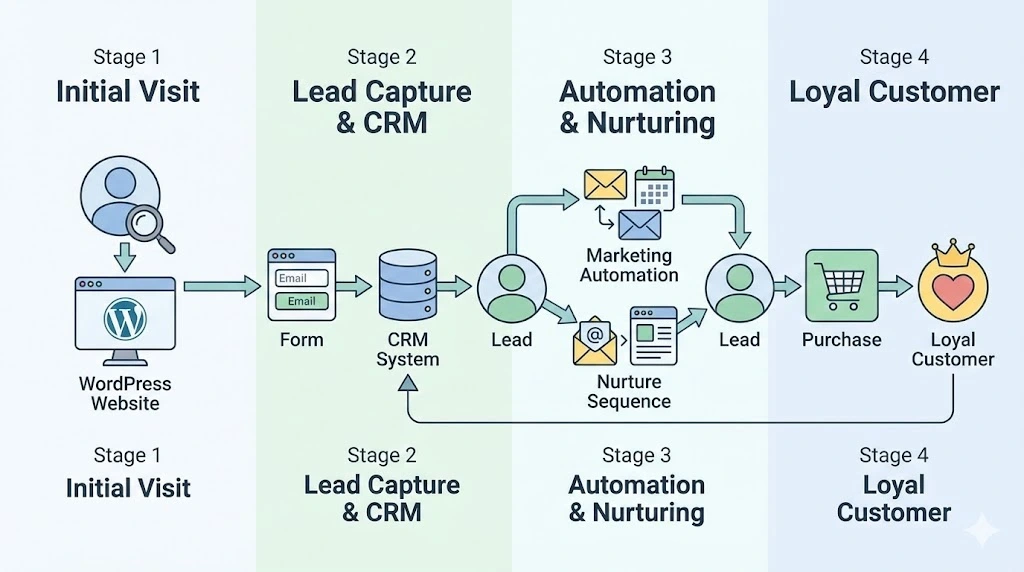 WordPress och CRM: Så bygger du en hel kundresa med automationsflöden 2026 5 WordPress och CRM illustration av komplett kundresa i WooCommerce