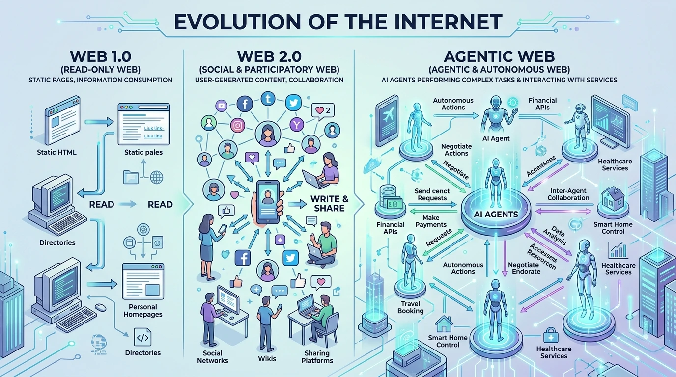 Vad är agentic web? Framtiden för AI, sök och webbplatser bortom web 2.0 1 Agentic web diagram av internets utveckling från 1.0, 2.0 till Agentic web