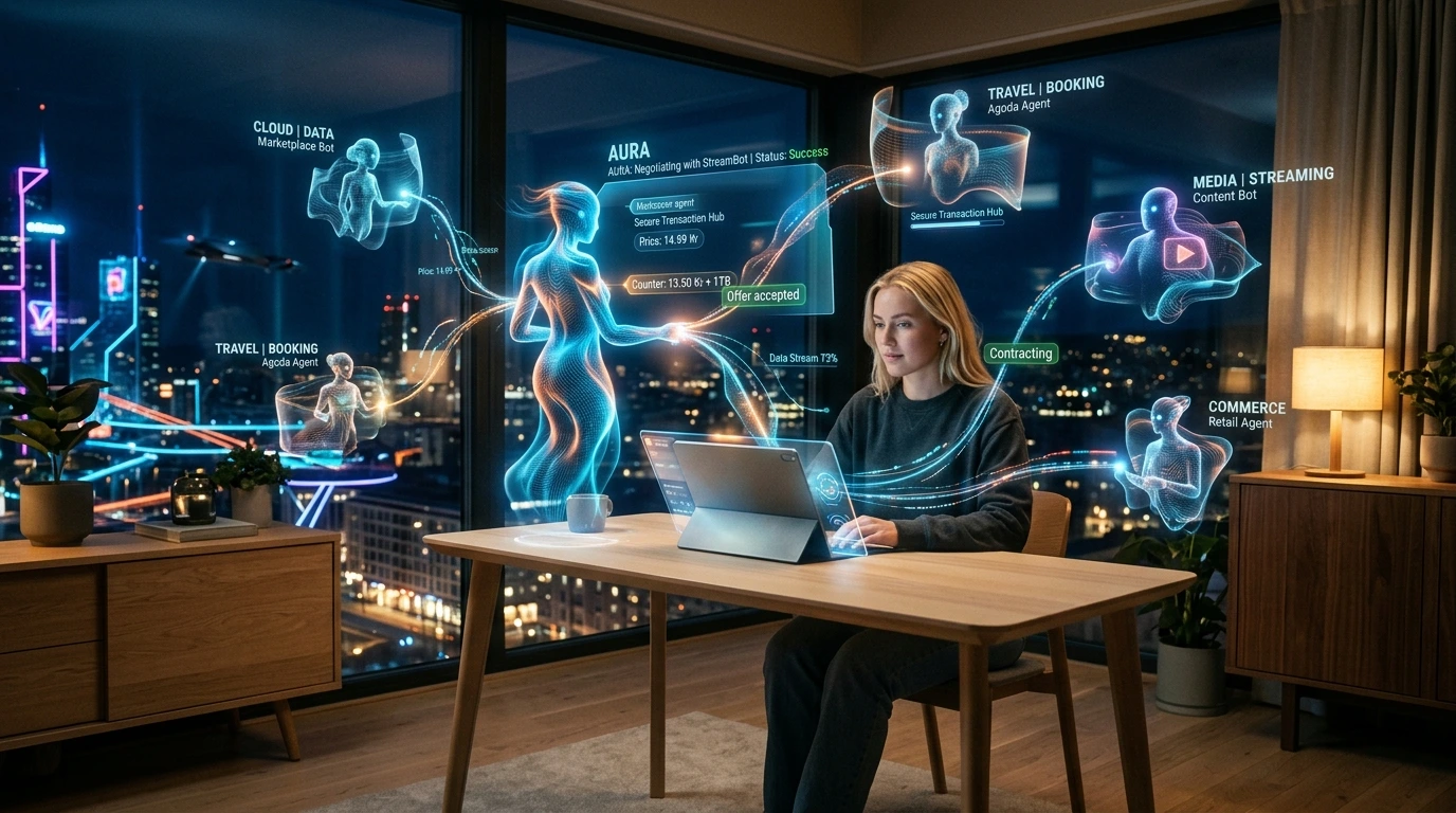 Vad är agentic web? Framtiden för AI, sök och webbplatser bortom web 2.0 5 Agentic web visualisering av framtida internet med med personliga AI-assistenter