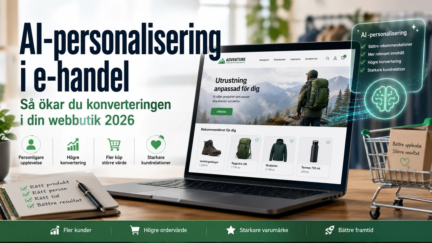 AI-personalisering i e-handel: Så ökar du konverteringen i din webbutik 2026 10 AI-personalisering i e-handel visar ett skrivbord där en laptop visar skräddarsydda förslag på produkter för kund