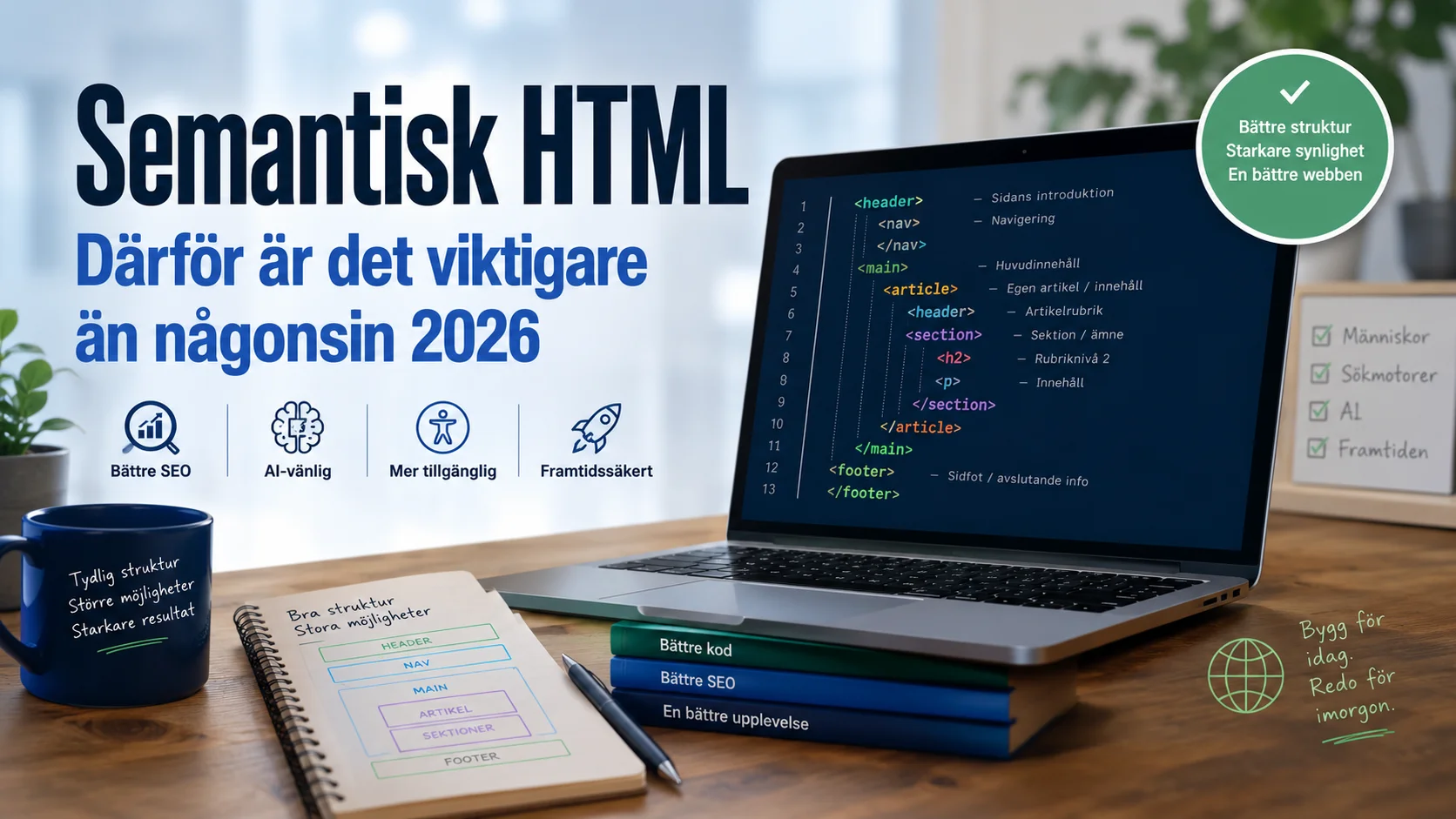 En laptop på ett modernt skrivbord som visar korrekt semantisk HTML på skärmen