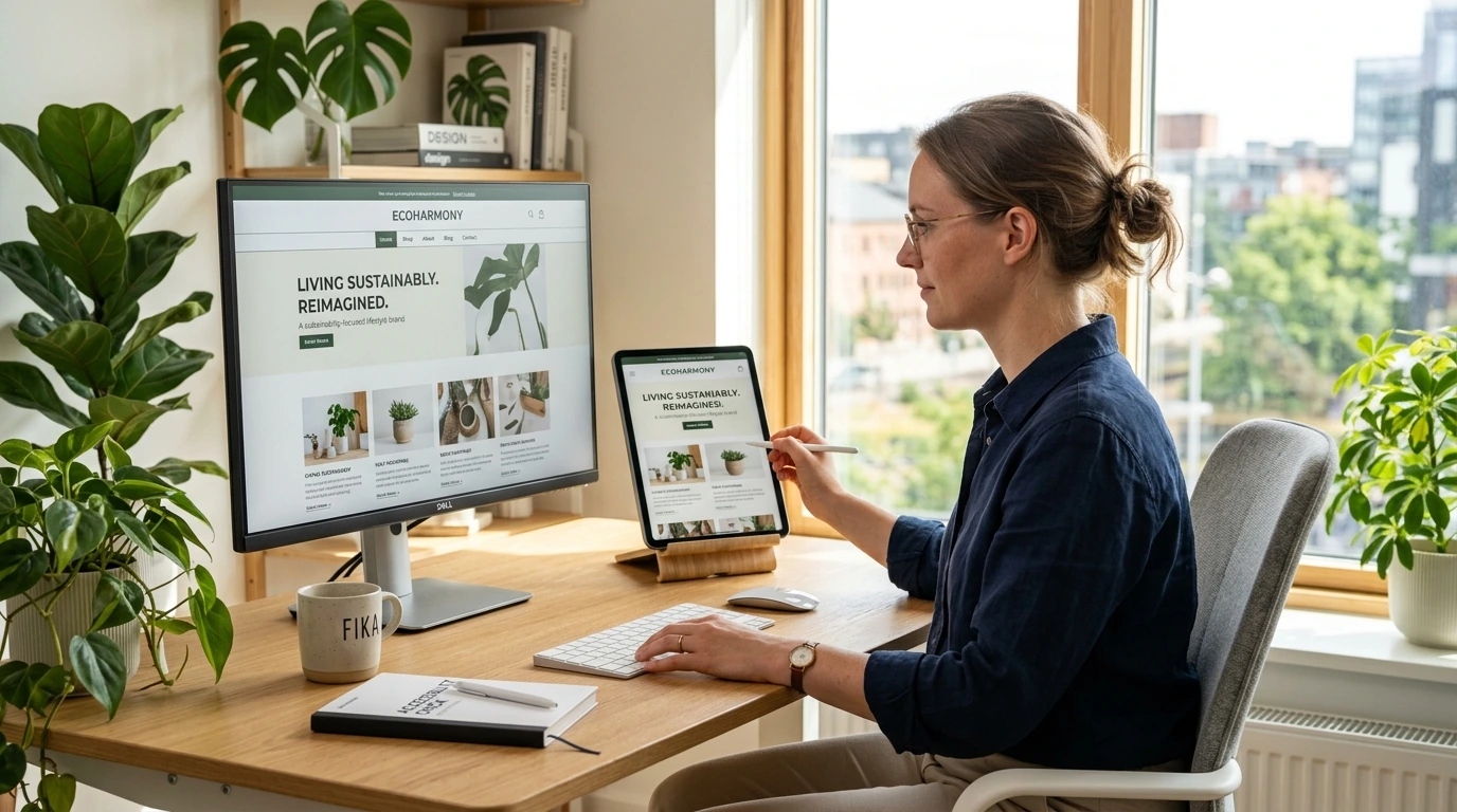 Sematisk HTML Webbutvecklare granskar en färdig webbplats på desktop och surfplatta, med fokus på ren innehållsstruktur och tillgänglighet snarare än kod