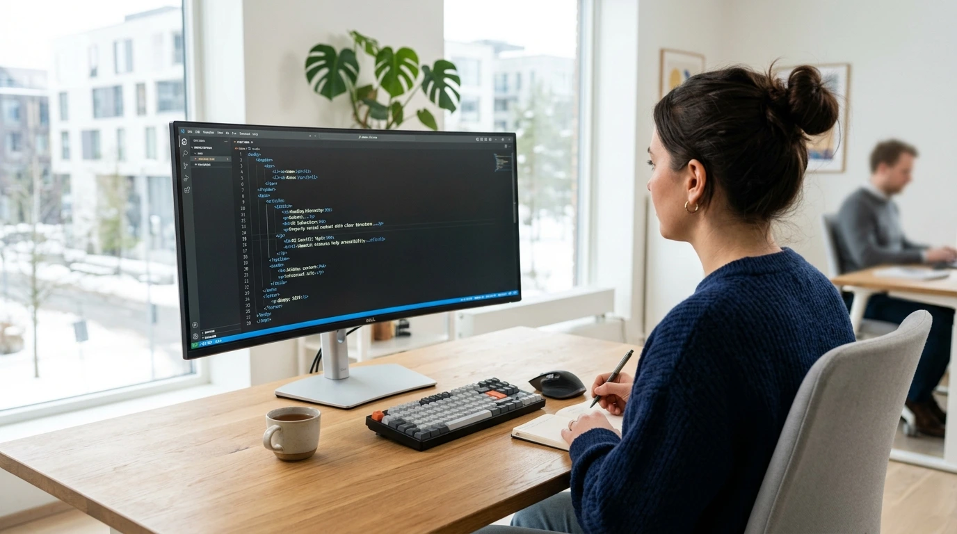 Webbutvecklare granskar semantisk HTML-struktur på en widescreen-skärm som visar korrekt nästlade HTML5-element och rubrikhierarki