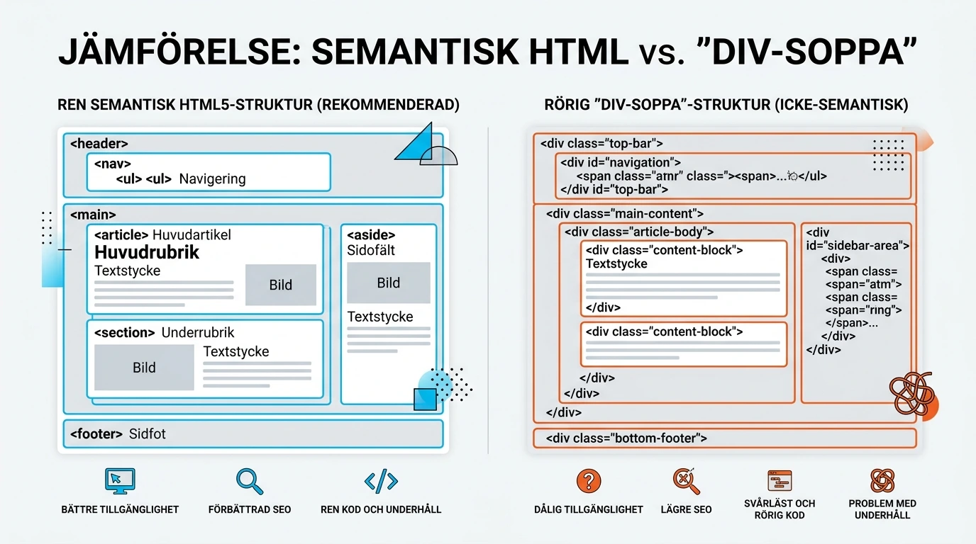Infografik som jämför semantisk HTML med icke-semantisk "div soup", med en ren HTML5-sidstruktur på ena sidan och en rörig div-enbart struktur på den andra