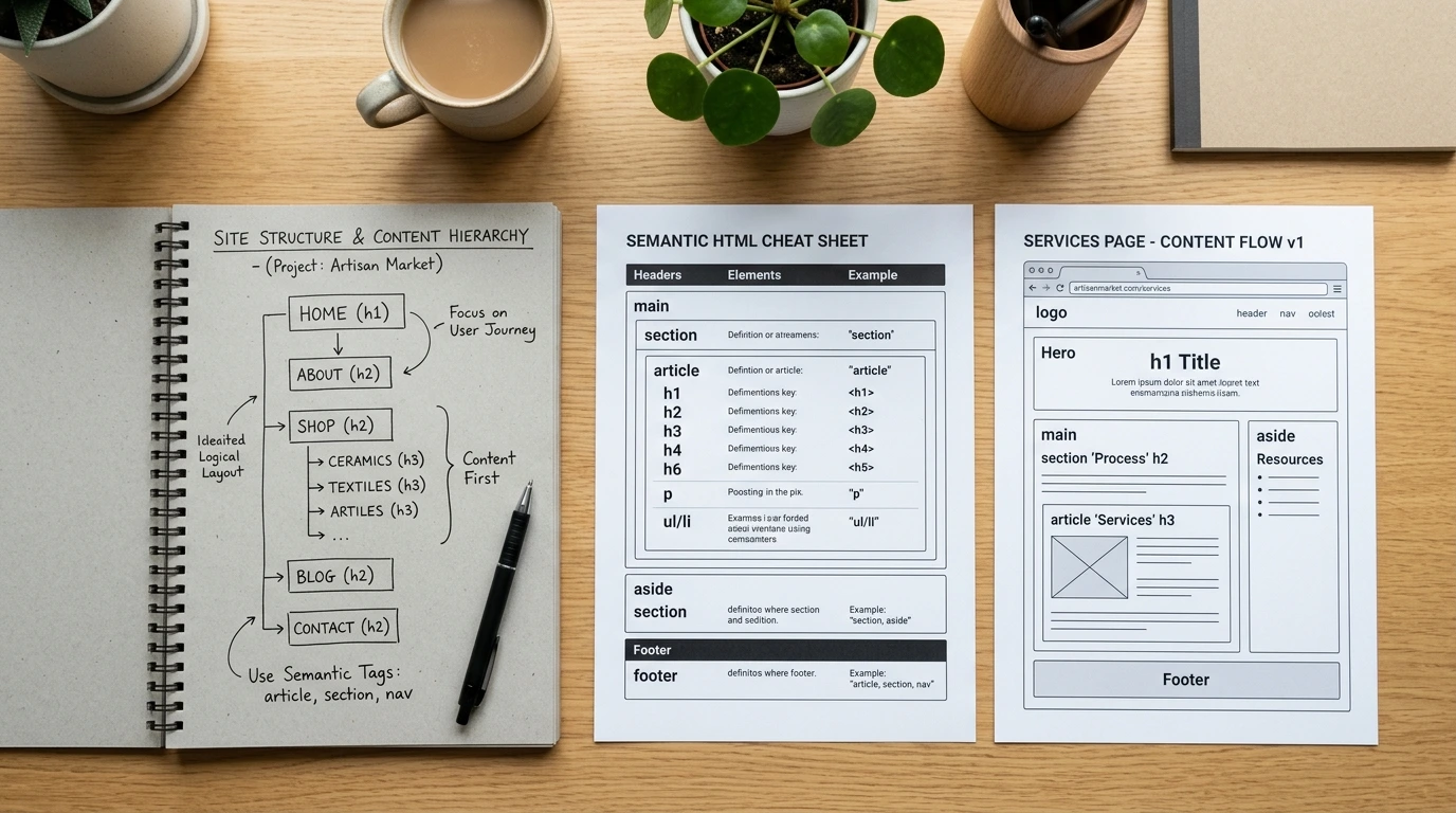 Semantisk HTML Närbild av en handskriven webbplatsplaneringsskiss bredvid ett tryckt semantiskt HTML cheat sheet och en wireframe