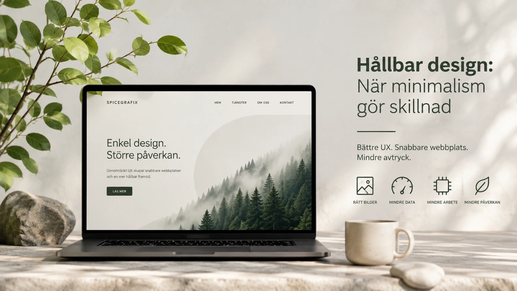Hem 11 En laptop på en stenhylla utomhus visar en ren, enkel webbplats som representerar hållbar design och bättre UX