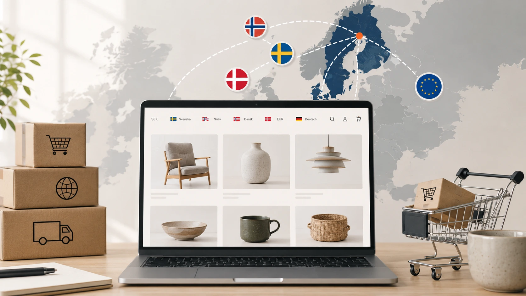 Lokaliserad e-handel: Så expanderar du din WooCommerce-butik till Norden och EU 6 Lokaliserad e-handel laptop som visar en webbshop med olika språkalternativ samt paketerade varor på ett skrivbord