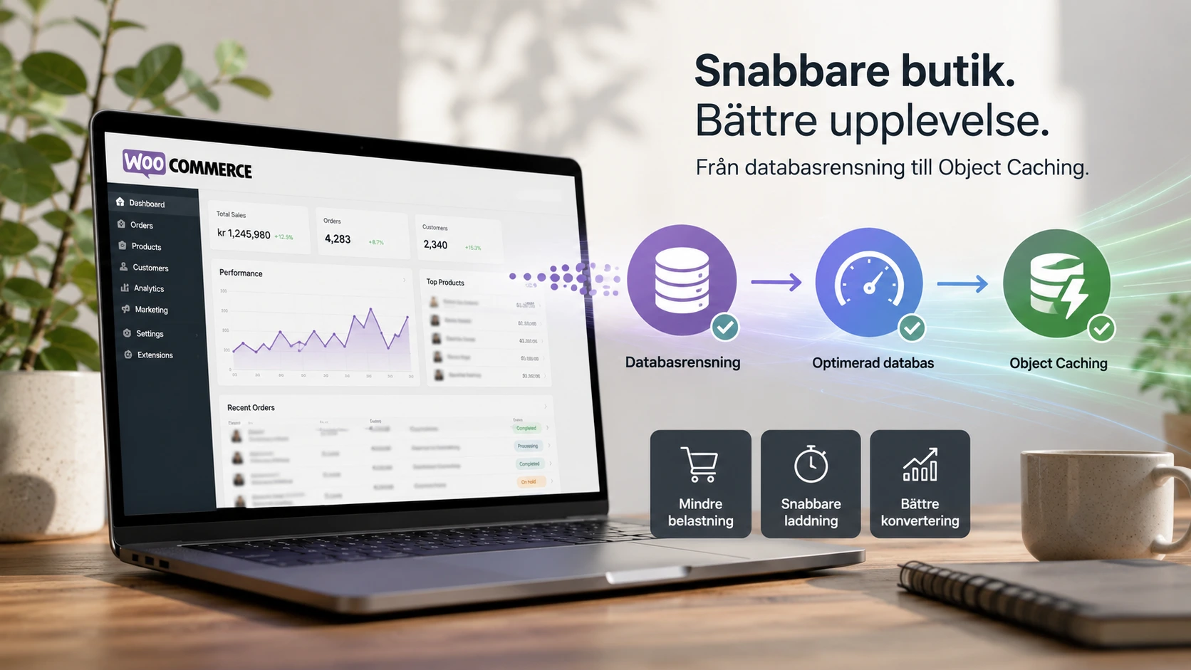 Prestandaoptimering för stora WooCommerce-butiker: Från databasrensning till Object Caching 8 En laptop med prestandasiffror i WooCommerce backend som visar sambandet mellan object caching, databasrensning och prestanda