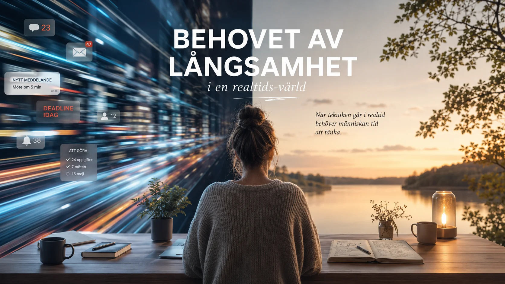 Hem 15 Realtids-värld en utvecklare som sitter mitt emellan en snabb, något ofokuserad miljö till vänster och en lugn solnedgång till höger
