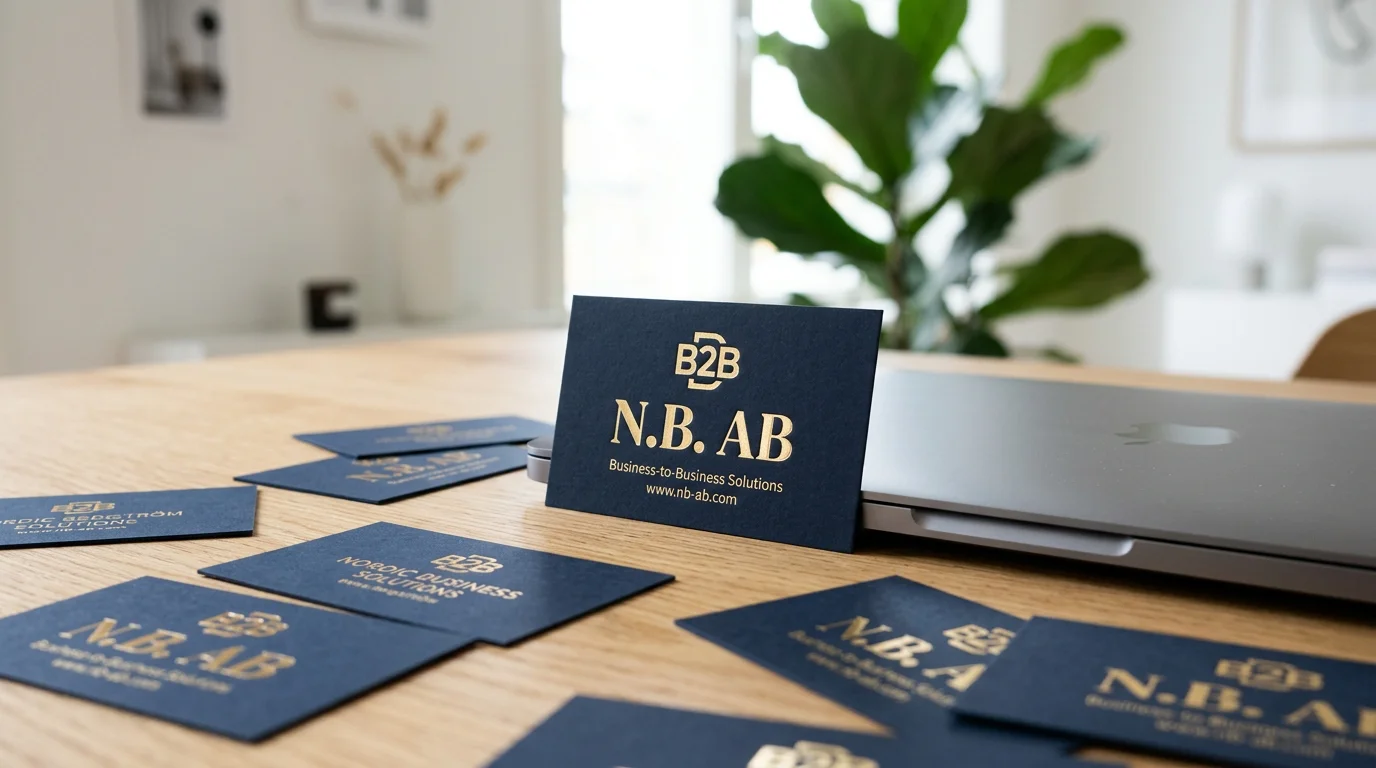 B2B och e-handel i WooCommerce: Så bygger du en lönsam portal med unika prislistor, moms och fakturering 3 En samling elegant minimalistiska, mörkblå och guldpräglade visitkort som naturligt ligger utspridda på ett ljust ekskrivbord bredvid en elegant, sluten rymdgrå laptop. Ett kort är lätt upplutat och visar tydligt fiktiva företagsinitialer (t.ex. "N.B. AB") med en B2B-logo ovanför