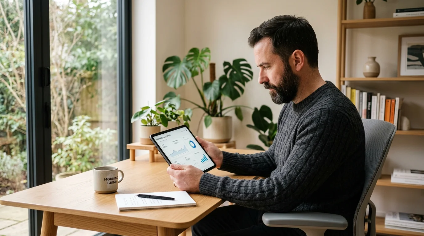 Klassiska klick En småföretagare, sittande vid ett ljust ekbord i ett ljust, modernt skandinaviskt hemmakontor. Han tittar intensivt på en surfplatta som han håller i händerna, och som visar en digital marknadsföringsanalyspanel