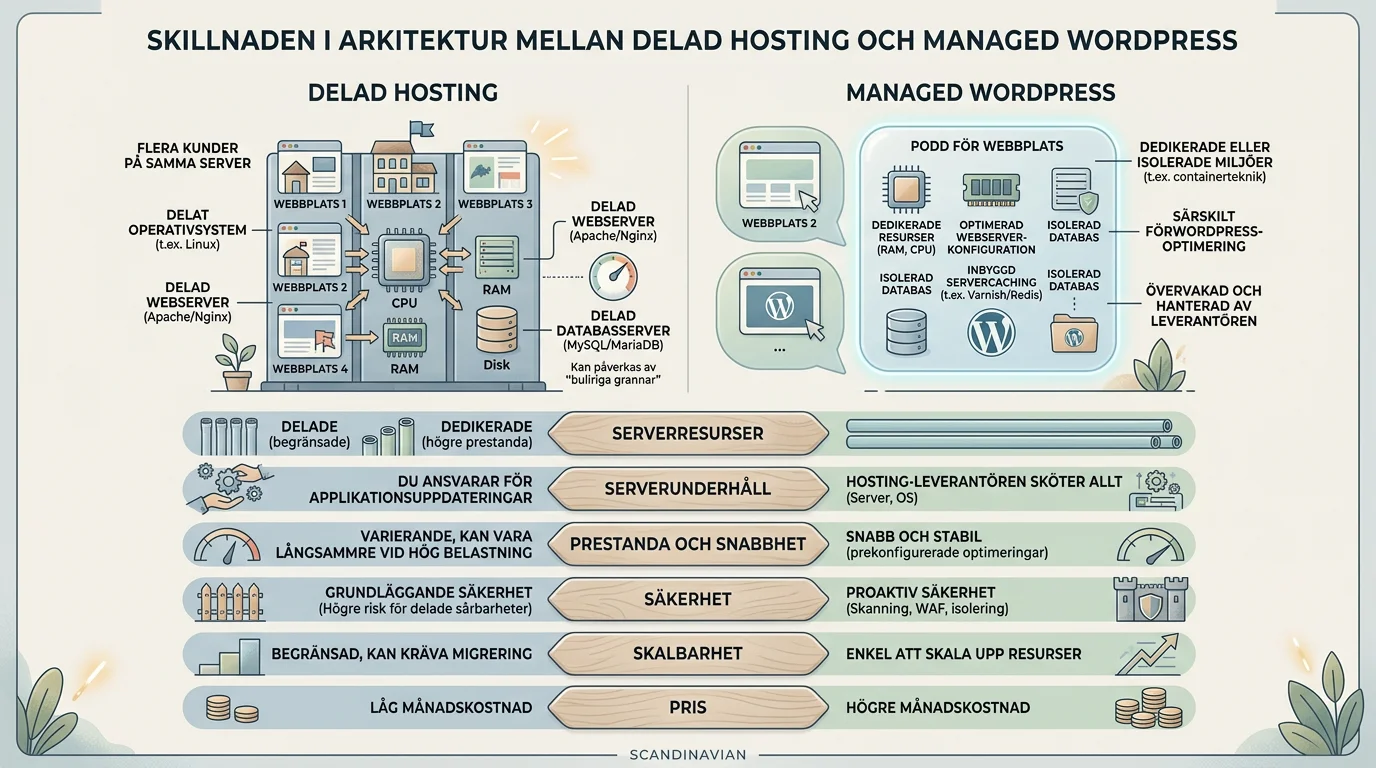 Inte alla webbhotell är skapade lika: Skillnaden mellan billig delad hosting och Managed WordPress 5 Infografik som visar skillnader mellan Delad Hosting och Managed WordPress med rubriker som Serverresurser, prestanda och snabbhet, säkerhet och skalbarhet