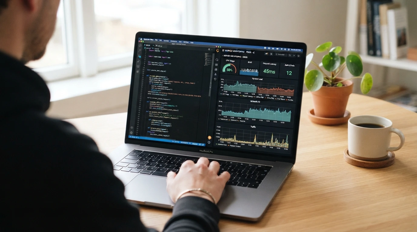 Inte alla webbhotell är skapade lika: Skillnaden mellan billig delad hosting och Managed WordPress 3 Managed WordPress Närbild av en modern laptopskärm som visar kodredigerare och serverprestandaanalys sida vid sida