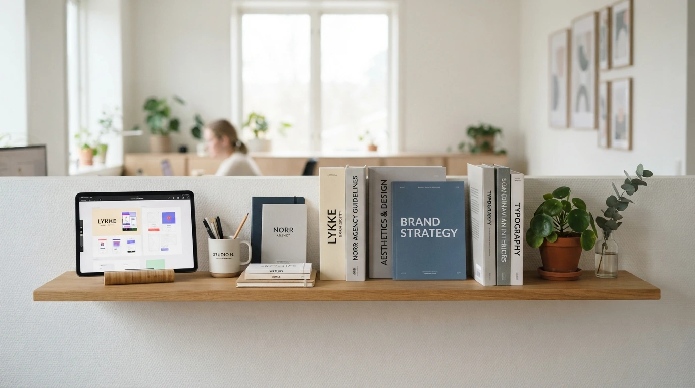 Inte alla webbhotell är skapade lika: Skillnaden mellan billig delad hosting och Managed WordPress 9 Managed WordPress En kontorshylla med prydligt placerade tryckta varumärkesguider, kontorsmaterial och en surfplatta med varumärkesgrafik