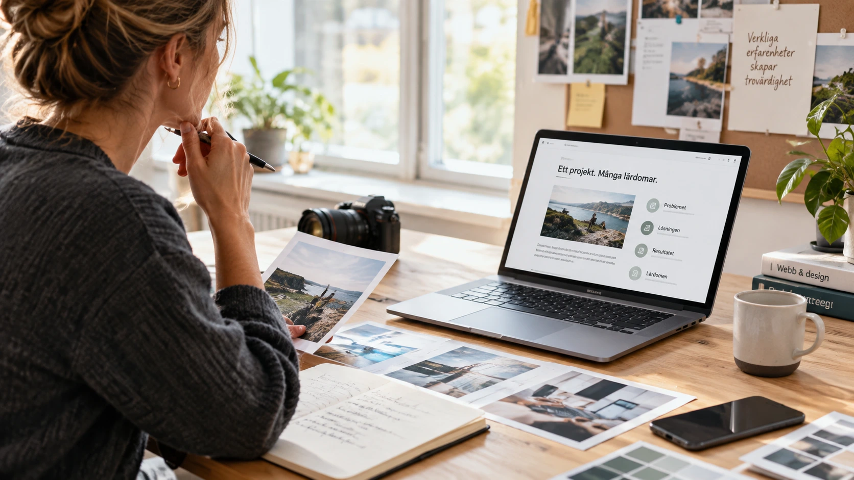 Mänsklig erfarenhet kvinna går igenom olika kundcase både på laptop och utskrivet format sittandes vid ett skrivbord