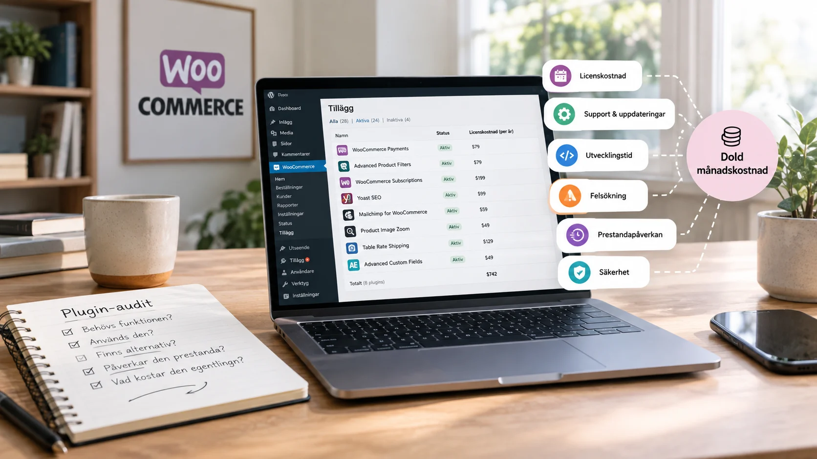 "Plugin-feber": Den dolda månadskostnaden som äter upp WooCommerce-butikers vinst 4 Plugin-feber en laptop på ett skrivbord som visar flera WooCommerce-plugins i backend. Bredvid skärmen flyter flera pluginkategorier sammanfattat av en symbol för dold månadskostnad