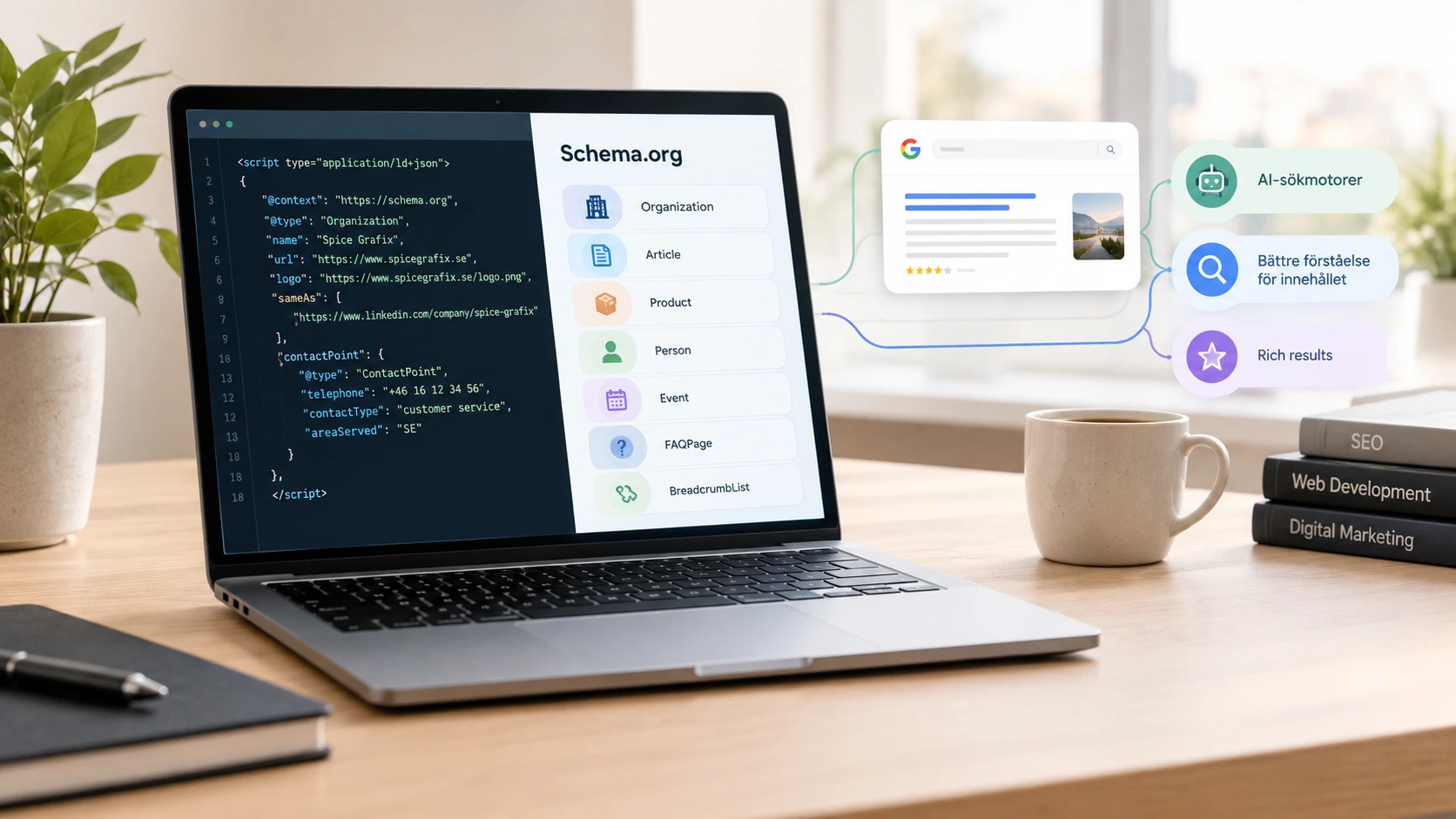 JSON-LD & Schema.org för AI: Steg-för-steg-guide för SEO-experter och utvecklare 9 Laptop på skrivbord som visar kod och schema.org implementering. Bredvid skärmen syns flytande popuper med information