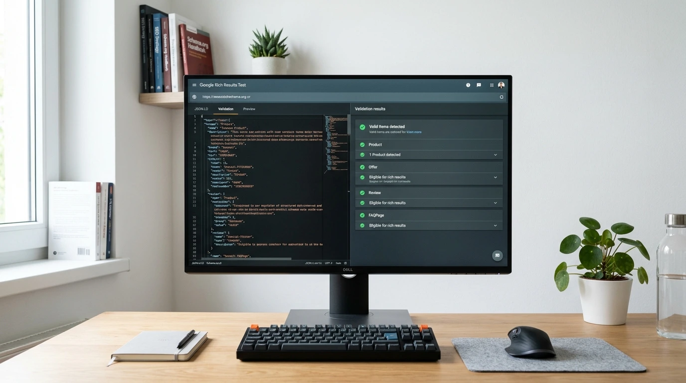 Schema.org validering av JSON-LD och Schema.org implementation på en stor skärm