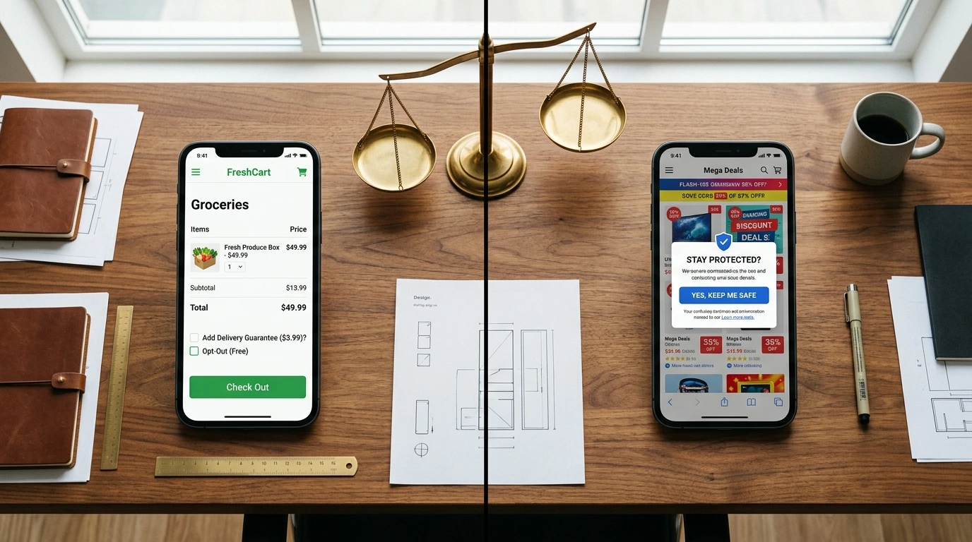 Smart UX eller Dark Patterns? Så optimerar du e-handeln utan att lura kunden 5 Smart UX En högkvalitativ, delad skärm-komposition som kontrasterar två användarupplevelser på en mobil enhet. På vänster sida en tillförlitlig kassasida med smart UX. På höger sida en rörig, förvirrande kassaskärm med dolda avgifter som visas och en manipulativ 'confirmshaming'-popup. En subtil, metaforisk 'balans-våg' syns mellan de båda telefonerna och lutar något mot det rena gränssnittet.