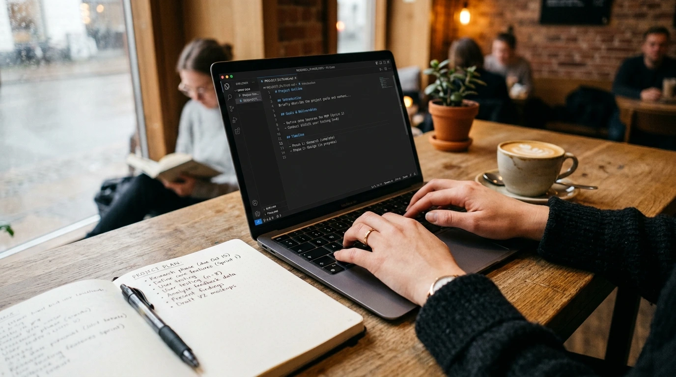 Vad är GEO Närbild av händer som skriver smidigt på ett modernt laptoptangentbord, med en anteckningsbok bredvid som prydligt organiserade punktlistor.