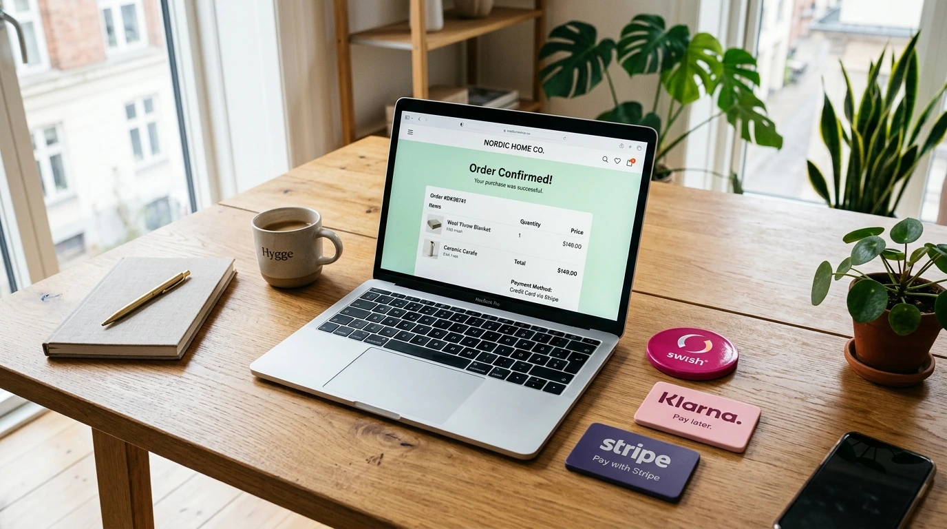 Betalväxlar i WooCommerce: Swish, Klarna eller Stripe för lägst avgift och bäst konvertering? 2 Betalväxlar i WooCommerce laptop som visar en e-handelsbekräftelsesida, tillsammans med tre distinkta visuella betalningstokens som vilar på ett skrivbord i ek – en livfull magenta Swish-betalningskortsikon, en mjukrosa Klarna-badge och en mörklila Stripe-kortbricka