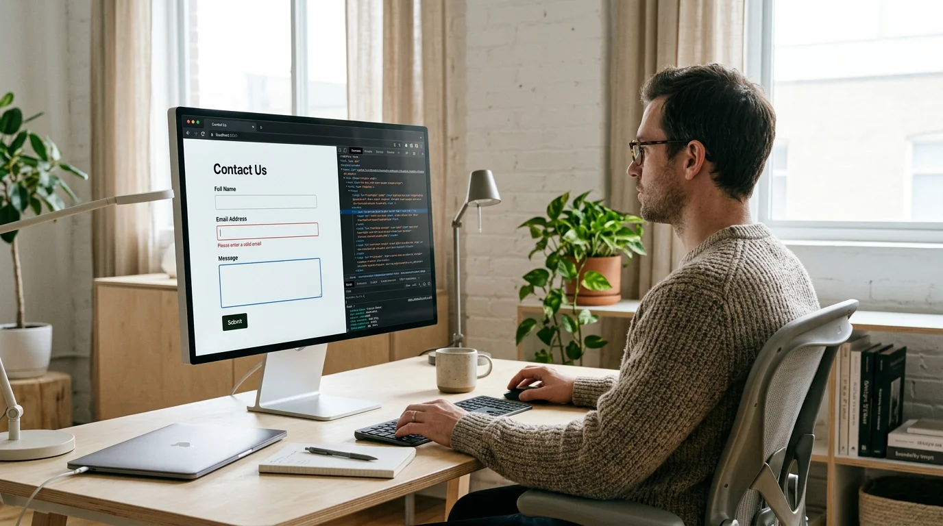GDPR-säkra formulär Webbutvecklare inspekterar ett tillgängligt kontaktformulär med synliga etiketter och valideringstillstånd på en stor skärm