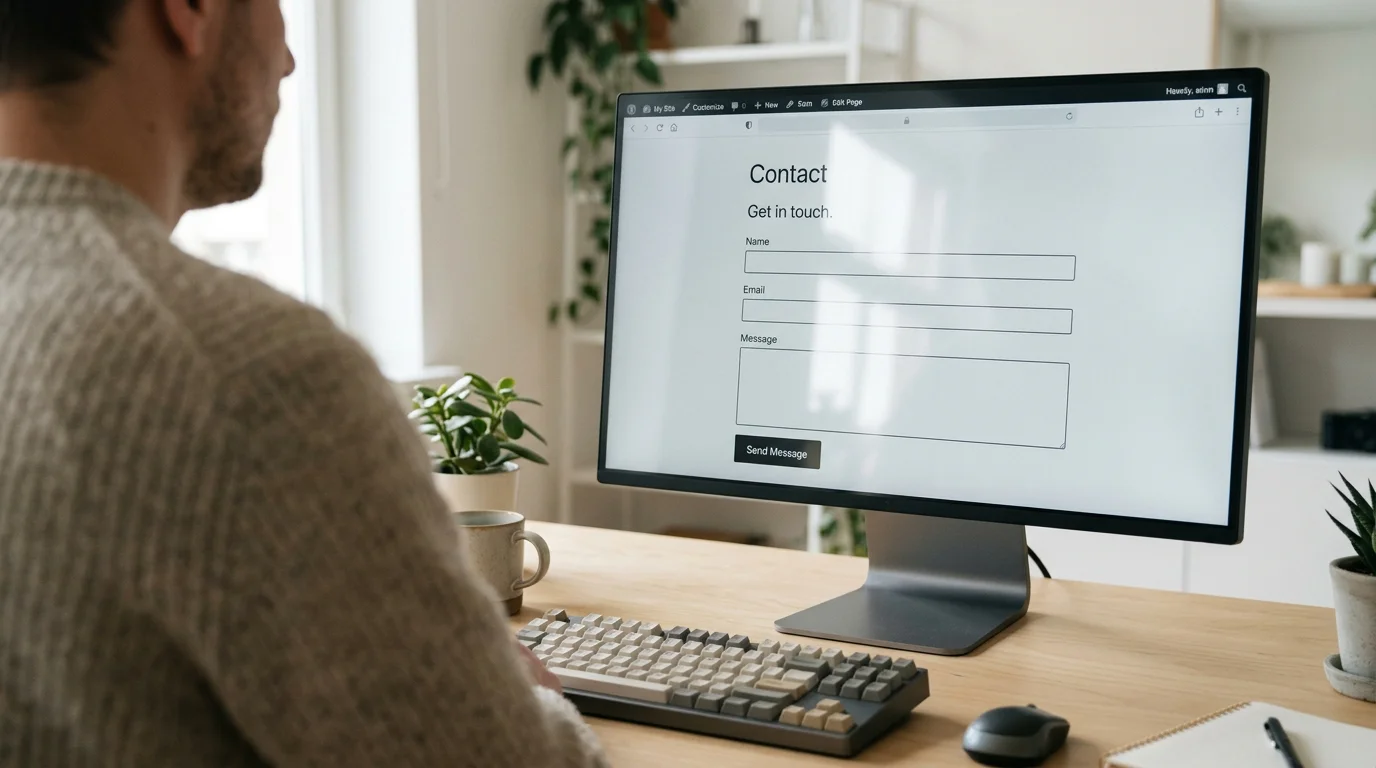 GDPR-säkra formulär närbild av ett rent WordPress-kontaktformulär på en skrivbordsskärm med fält för namn, e-post och meddelande