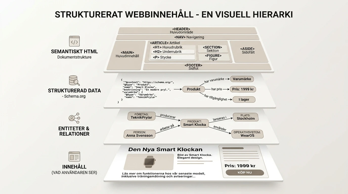 GEO-strategi Strukturerat webbinnehåll representeras som en ren visuell informationshierarki med semantisk HTML, sturkturerad data, enheter och innehåll