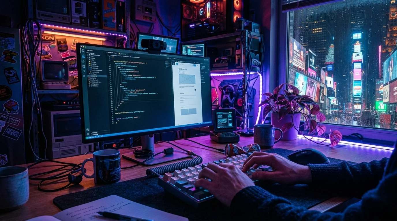 Gutenberg-block En fokuserad utvecklares händer kodar aktivt på ett mekaniskt tangentbord framför en stor stationär skärm i Cyberpunk-stil