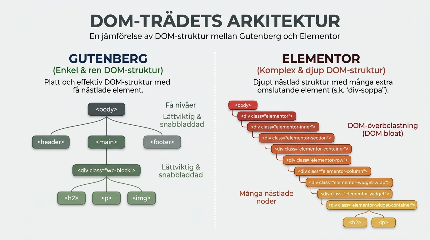 Gutenberg vs Block-builders (Elementor/Divi): En prestandajämförelse för 2026/2027 1 Gutenberg vs Block-builders Tekniskt jämförelsediagram som visar DOM-trädarkitektur med rent enkelt Gutenberg-träd jämfört med komplext djupt Elementor-träd, vektorlinjer, minimal teknisk stil