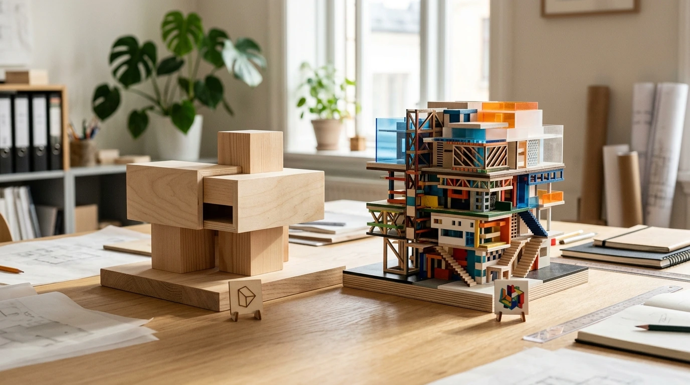 Gutenberg vs Block-builders (Elementor/Divi): En prestandajämförelse för 2026/2027 9 Gutenberg vs Block-redigerare Konceptuell bild av två distinkta, fysiskt specialbyggda arkitektoniska modeller som står sida vid sida på ett skrivbord. Till vänster en slank, minimalistisk struktur som representerar Gutenbergs rena effektivitet. Till höger en något mer utsmyckad, flerskiktad komplex struktur som representerar Elementor/Divi