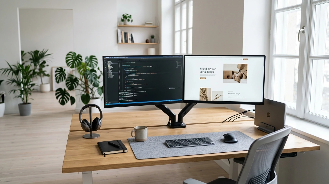 Gutenberg vs Block-builders (Elementor/Divi): En prestandajämförelse för 2026/2027 3 Gutenberg vs Block-builders En utvecklargranskningsstation på träskrivbord med två högupplösta skärmar som visar ren kodredigerare på den ena och minimalistisk skandinavisk webbdesign på den andra