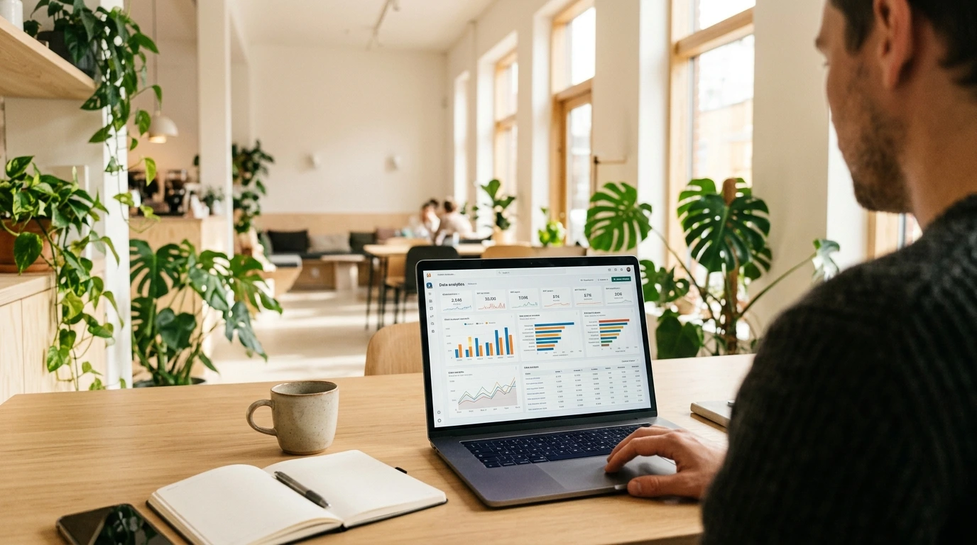 Nyckelord till entiteter Öppen laptop som visar en dataanalysdashboard med strukturerade grafer och diagram