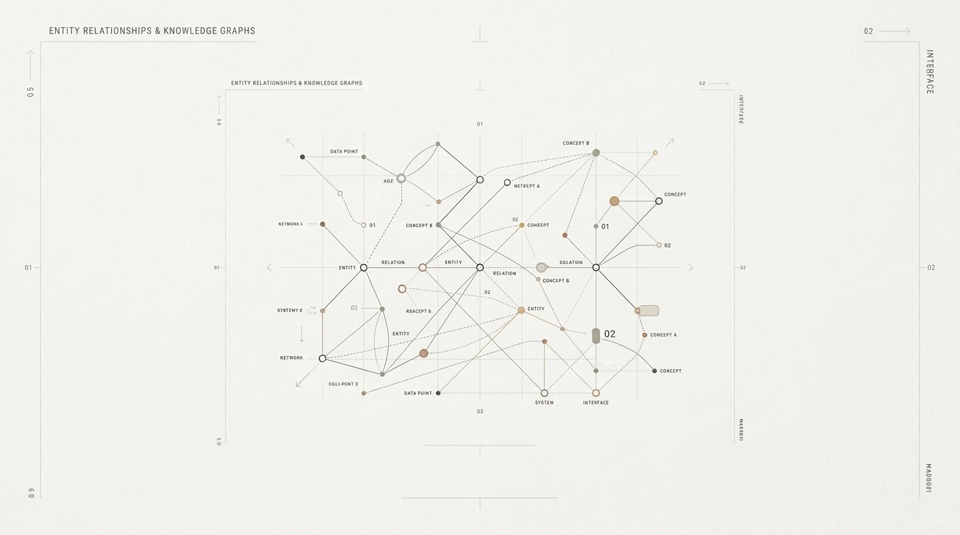 Nyckelord till entiteter Infografik som visar entitetsrelationer och kunskapsgrafer kopplade av rena tunna linjer