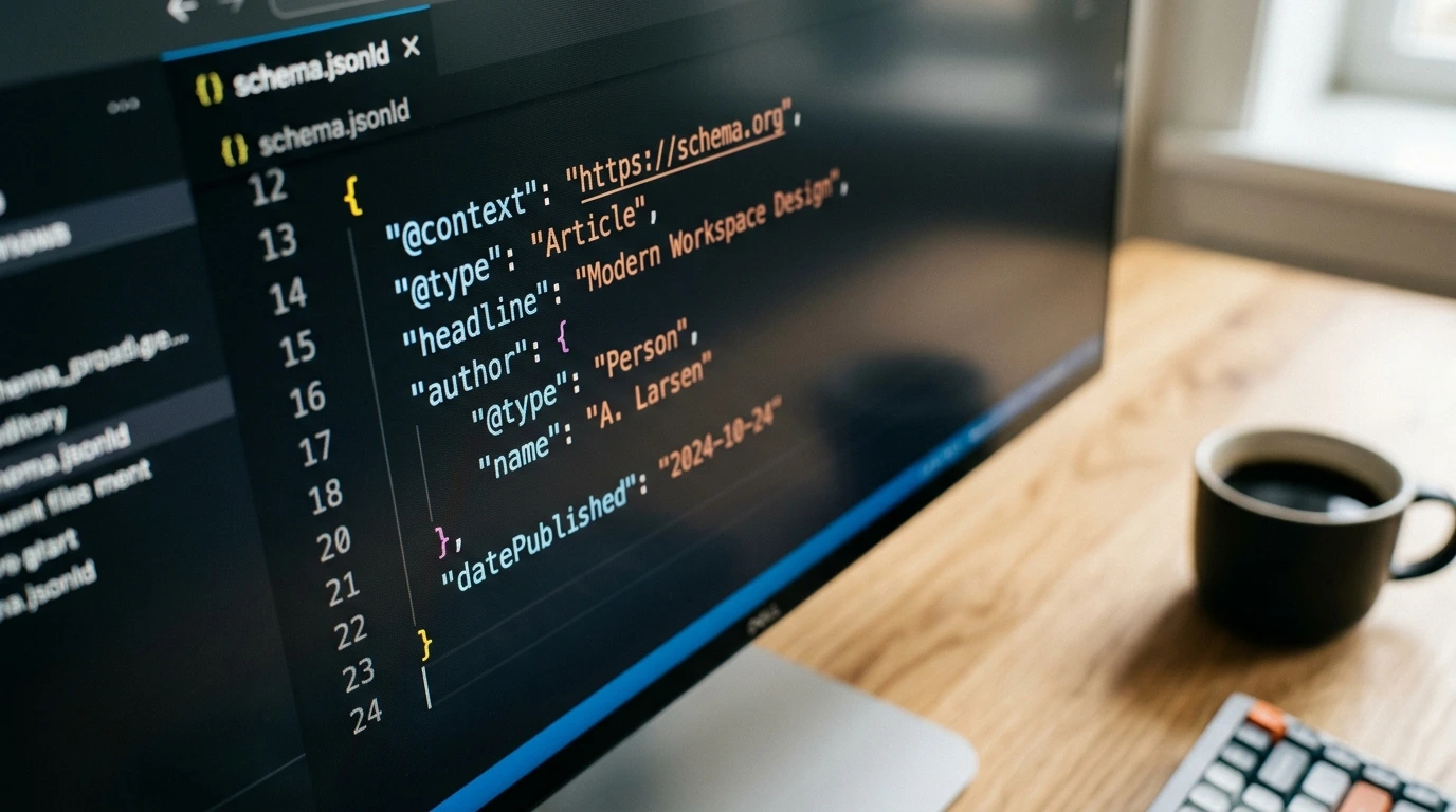 Nyckelord till entiteter Ren kodredigerargränssnitt som visar strukturerad JSON-LD-schemamarkering på en högupplöst skärm